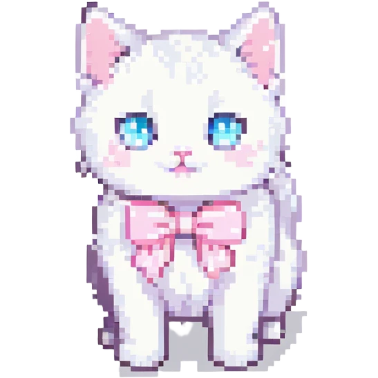 cute fluffy white kitten with a light pink bow, standing and looking up, pixel art style emoji