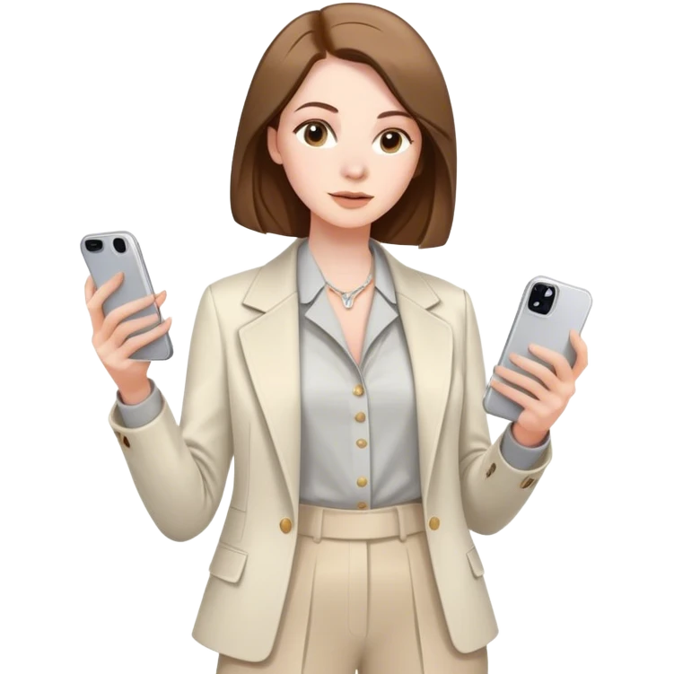 pale skin woman with brown Straightened bob Hair, White Spacious classical jacket, beige palazzo Arrow pants and gray blouse holding white IPhone 15 pro in the hands emoji