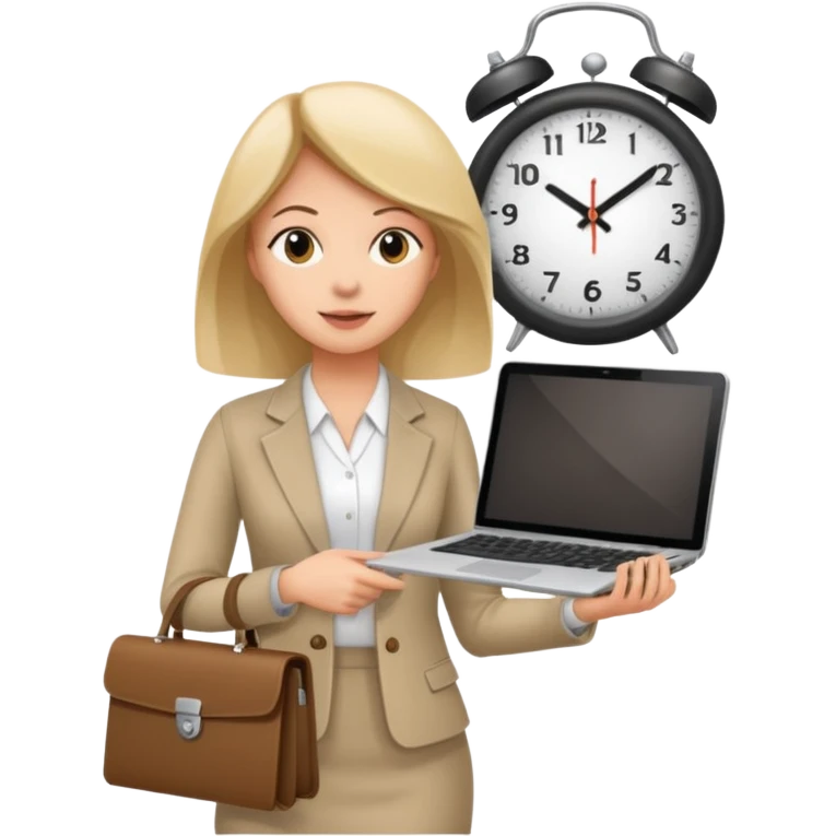 I like the 4th image. Now, make the same woman leave work with her laptop in hand. Add a clock behind her on the wall .  emoji