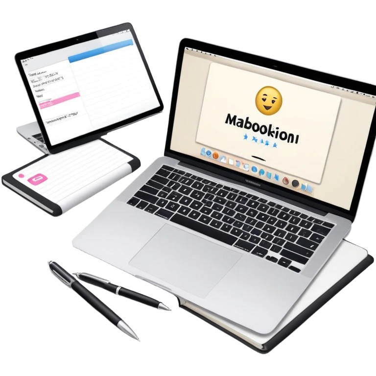 top view of a MacBook and a notebook with a pen nearby, notebook with visible notes, MacBook screen showing a beauty salon logo emoji