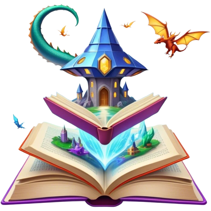 Icon for Fantasy and Sci-Fi Reading: an open book with magical creatures like dragons and fairies flying out, with a futuristic spaceship in the sky and a wizard casting spells. The icon should represent the magic and adventure of fantasy and science fiction worlds. Transparent background. emoji