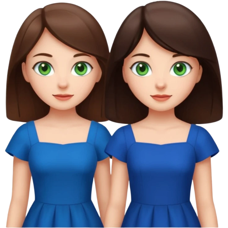 A brunette sister with green eyes and a brunette sister with green eyes in different clothes standing happily emoji