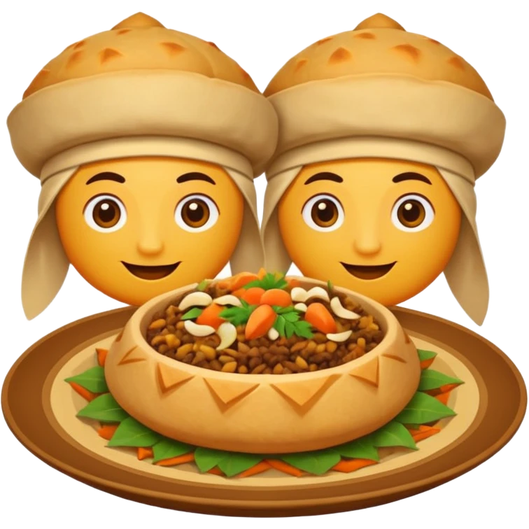 Uzbek cuisine avatar in bright emoji-style illustration. Classic dishes like plov and samsa, warm golden and earthy tones, simple shapes, flat design, high contrast, friendly and appetizing. emoji