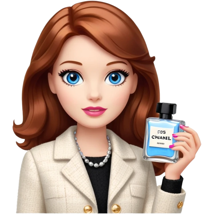 A Barbie girl with blue eyes, shoulder-length reddish-brown hair with makeup, wearing a white tweed jacket and a black skirt is holding Chanel cream in her hand emoji