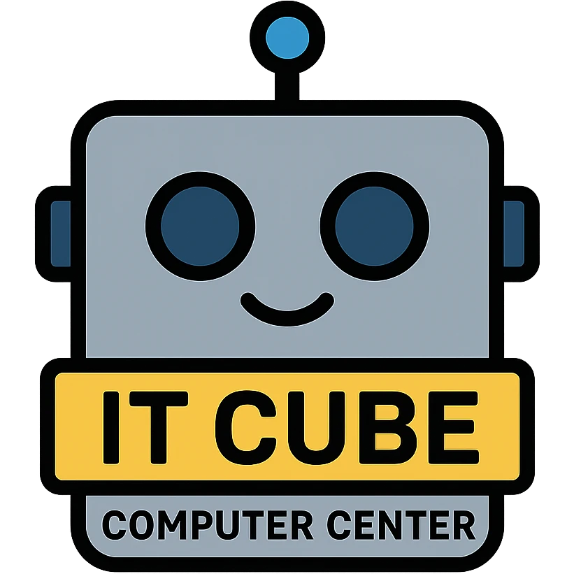 A gray-blue robot cube sticker for IT CUBE Computer Center, inspired by the attached logo emoji