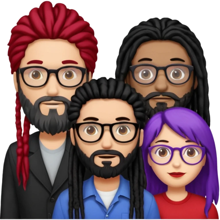 Three people standing together: on the left, a man with long hair, glasses, and a beard; on the right, a man with black dreadlocks with a red accent; in the center, a woman wearing glasses with violet-and-black hair emoji