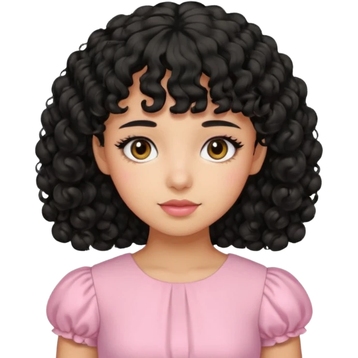 uma menina de pele oliva e cabelos pretos encaracolados e com franja encaracolada e um vestido rosa pastel emoji