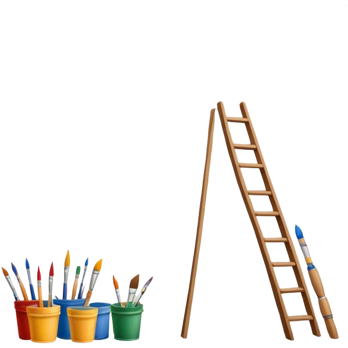 Wall painting icon, hand-painted mural on a wall, visible paintbrushes, paint pots, and ladder, intricate patterns or designs in progress, minimalistic style, clean lines, transparent background. emoji