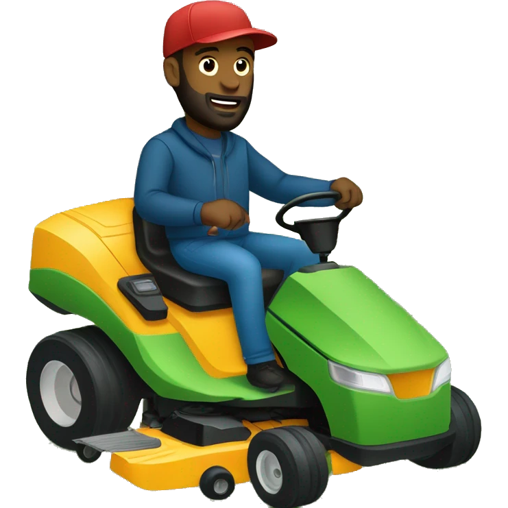 black man with a beard and a winter hat sitting on a lawn mower with a straight face emoji