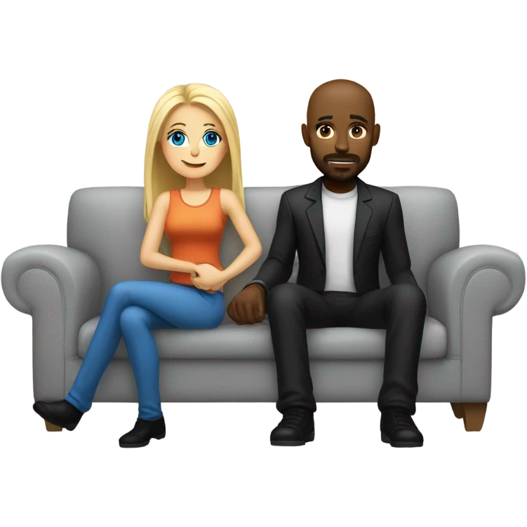 Blonde woman with blue eyes and long straight hair and black man who is bald with a goatee seated together on a sofa with their legs touching and their arms around each other.   emoji