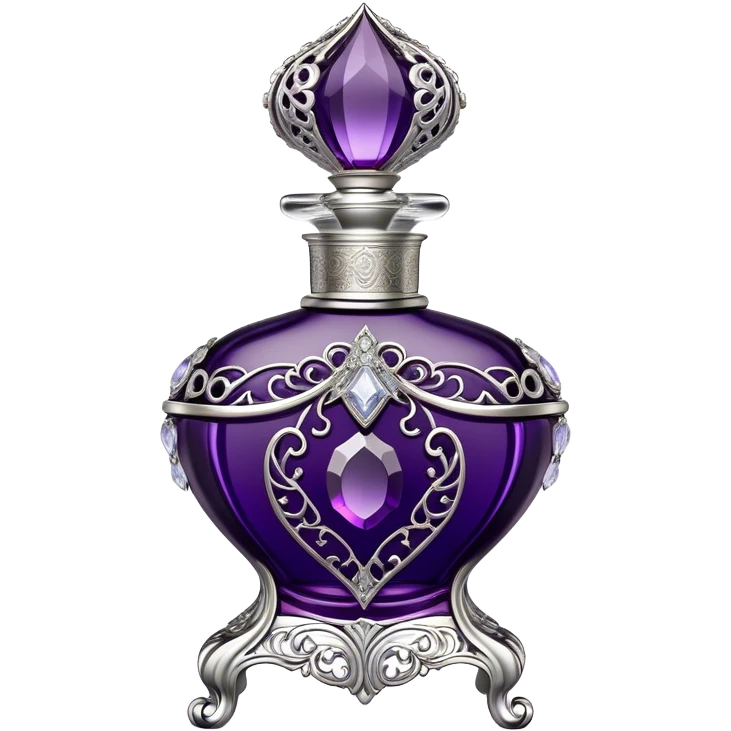 A luxurious French vintage-style perfume bottle in deep purple, with an ornate crystal stopper and intricate silver filigree detailing. The bottle has an elegantly curved shape, reminiscent of classic 18th-century perfume designs. It sits atop a delicate lace-covered vanity table, surrounded by pearls and antique silver accessories. Soft candlelight casts a warm, romantic glow, highlighting the rich texture of the glass and metallic accents emoji