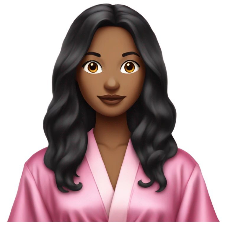 Mixed raced woman with long black hair wearing a silk pink Victoria’s Secret robe emoji