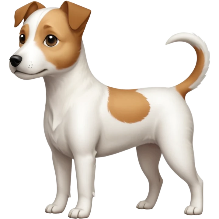 a full body slightly chubby white parson russell terrier looking dog the size of a kelpie with light brown long ears and a light brown patch on one eye and a large snout. the rest of the dog is completely white emoji