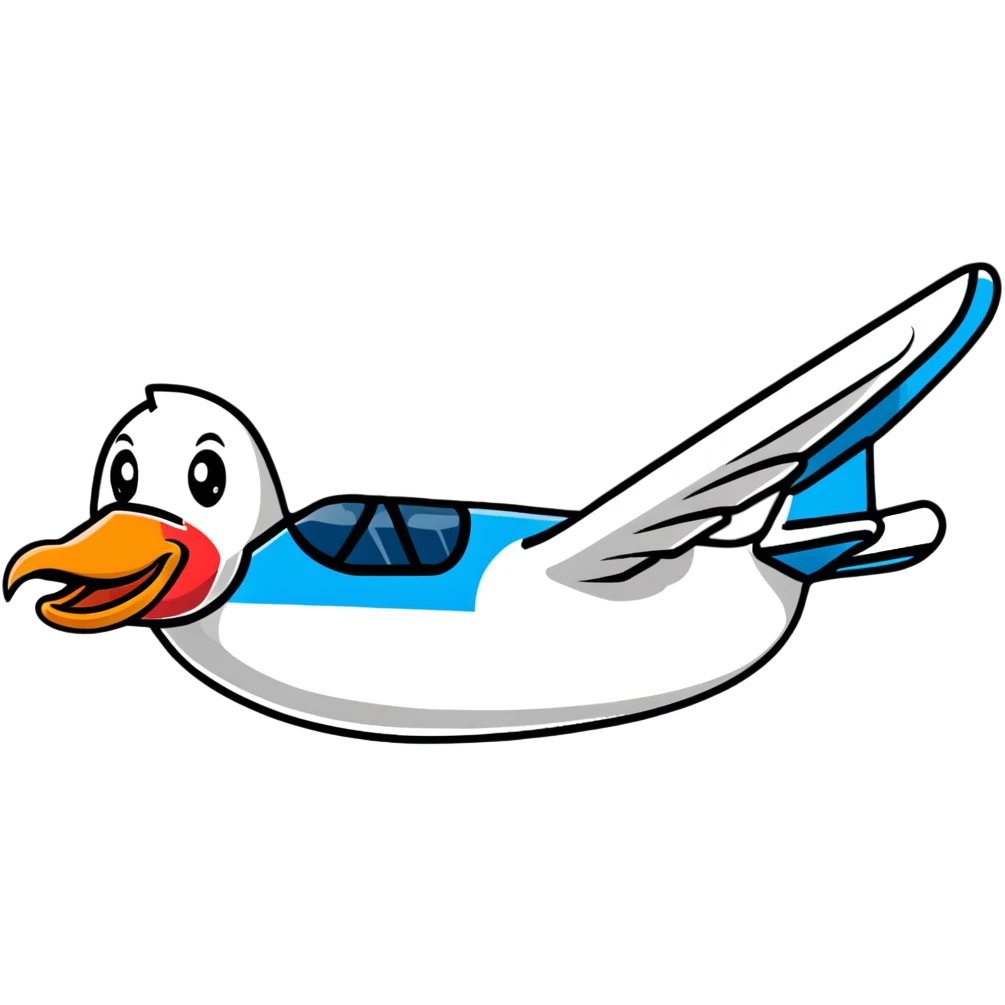 A cute airplane with a goose head and neck, flying with aircraft wings emoji
