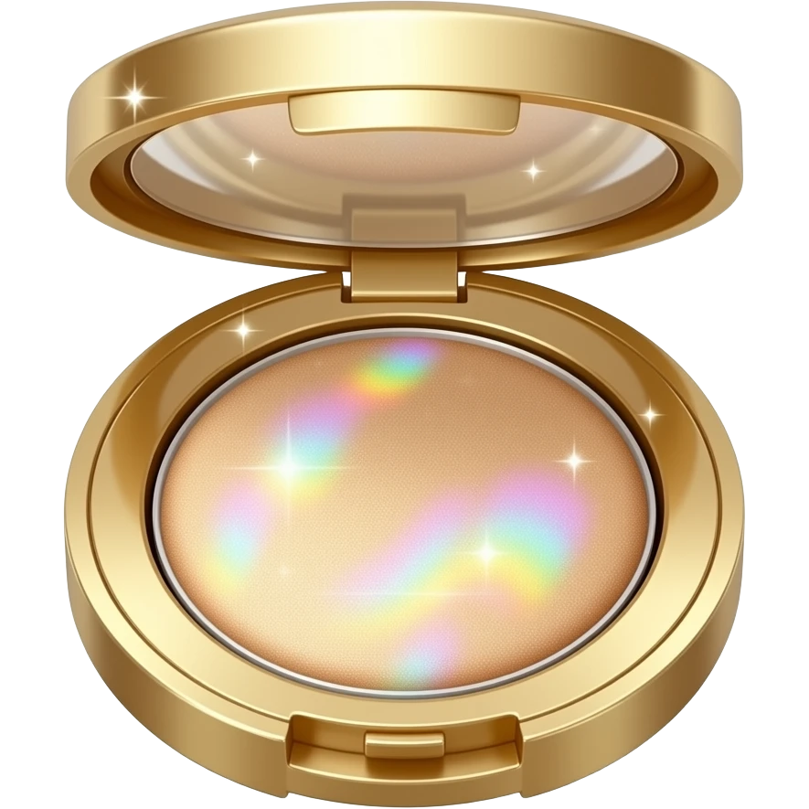 A cute emoji of an open highlighter pan with a baked powder surface in champagne gold, tiny rainbow prism light reflections on the surface, sparkle dust rising from it, luxury K-beauty cosmetic aesthetic emoji