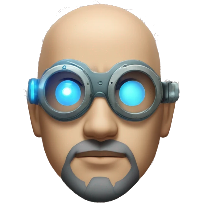  Bald Asian male cyborg head with light blue beard, red steampunk goggles and circuits emoji