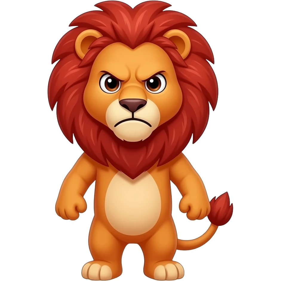 A little bright red lion standing upright with legs and arms, looking at us with a very frustrated expression emoji