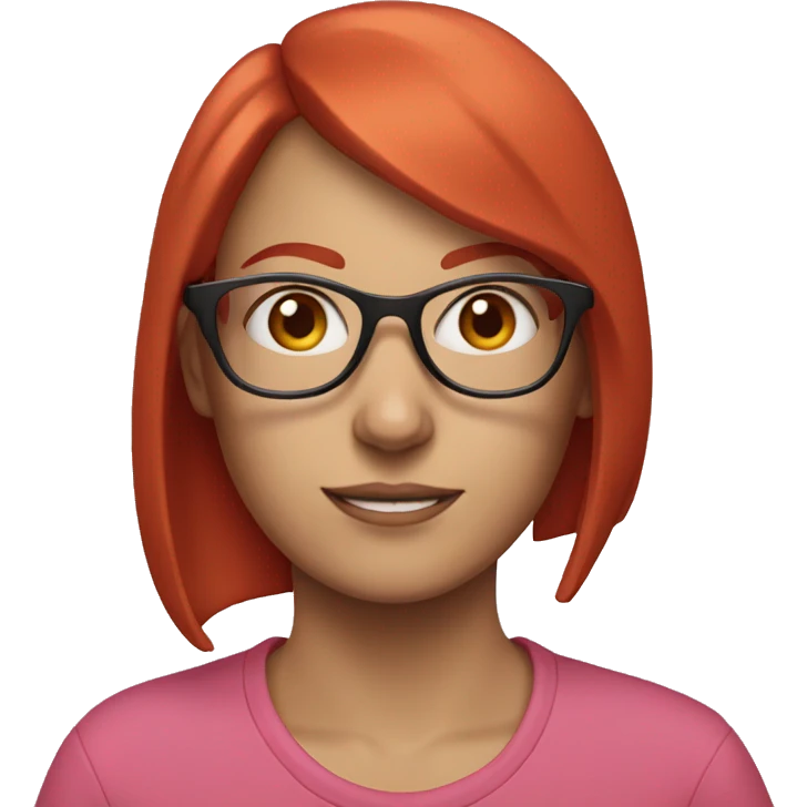 white woman with red hair and red bangs, with clear glasses and a pink sweatshirt emoji