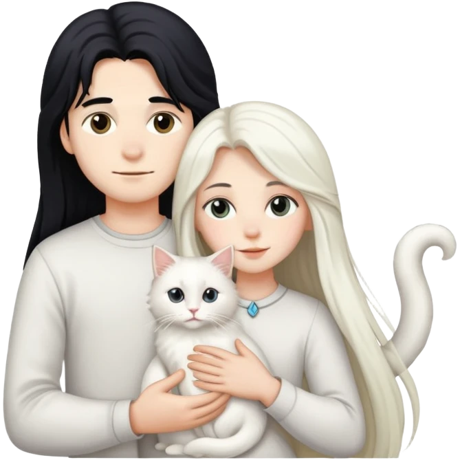 A boy and a girl with long black hair holding a white long-haired cat emoji