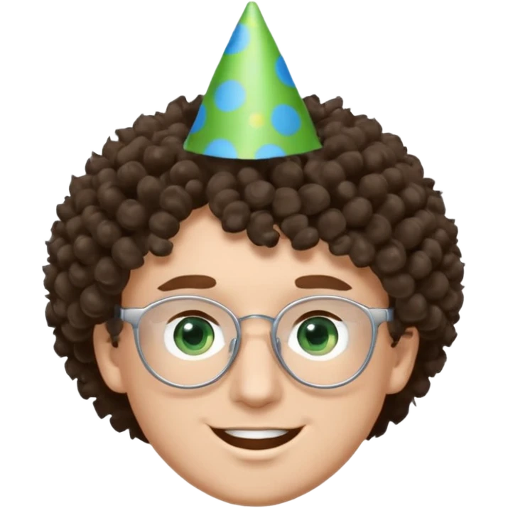 A white guy with curly brown hair and green eyes with a happy face, and wear square black glasses.He’s also got a full silver birthday party hat on his head with blue pom poms on top of it, and his T-shirt is all black, he wears a little gold circle earrings on his left  emoji