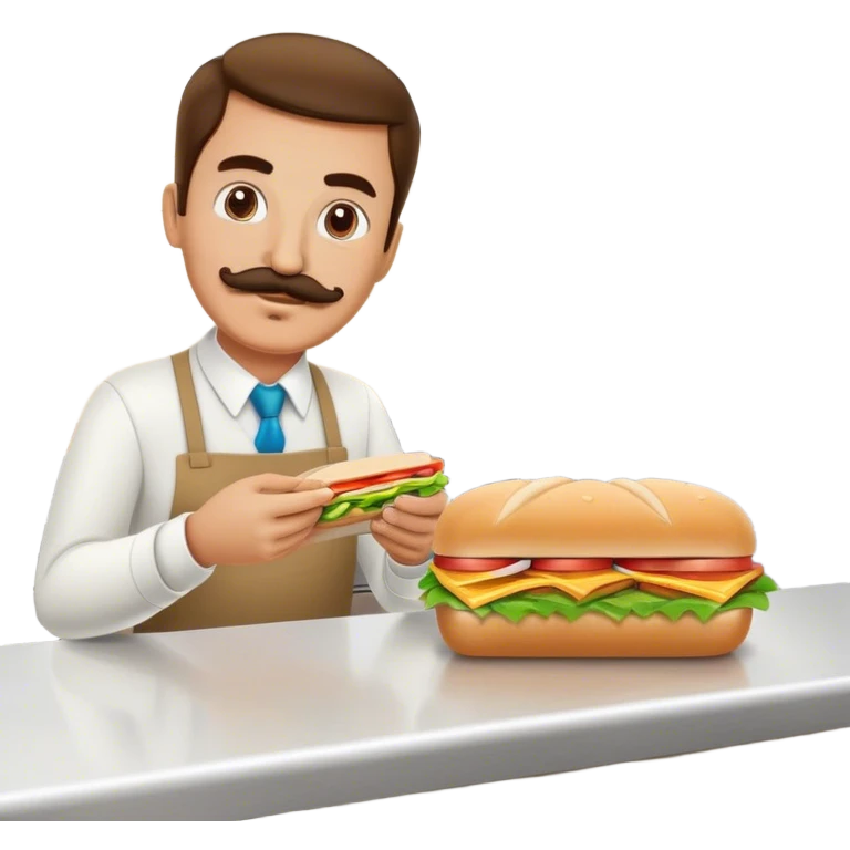 Man working at a subway making a sandwich in front of customer behind a counter  emoji