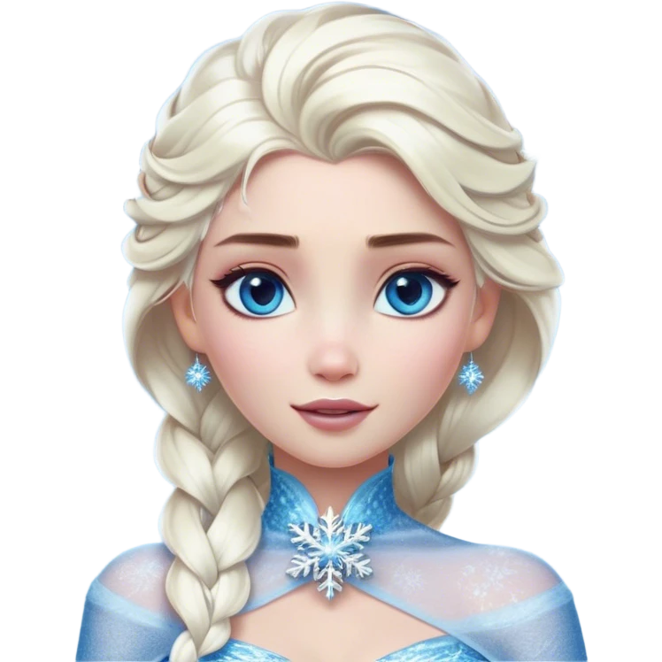 Cinematic Realistic Elsa Portrait, depicted with lifelike skin texture, soft natural lighting, and intricately detailed platinum blonde hair styled elegantly. Her striking, expressive blue eyes exude confidence and grace, complemented by a serene and regal expression. She holds a shimmering snowflake delicately in one hand, her other hand resting against her gown, embodying the power and beauty of winter. She is dressed in her signature icy attire, with shimmering fabric textures and delicate folds that catch the light beautifully. The portrait features a soft, enchanting glow with a cool, radiant finish, capturing the essence of timeless elegance in a realistic and painterly style. emoji