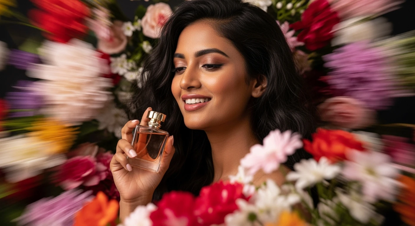 Motion blur Extreme Closeup photo of a beautifull woman holding perfume around beautifull colorfull flowers, cinematic light, 8K, very detailed, sharp, depth (foreground, midground, background) emoji