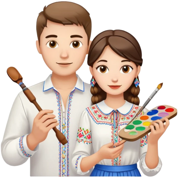 a guy in a white Ukrainian embroidered shirt and a girl in a white Ukrainian embroidered shirt, holding music and a paint palette emoji