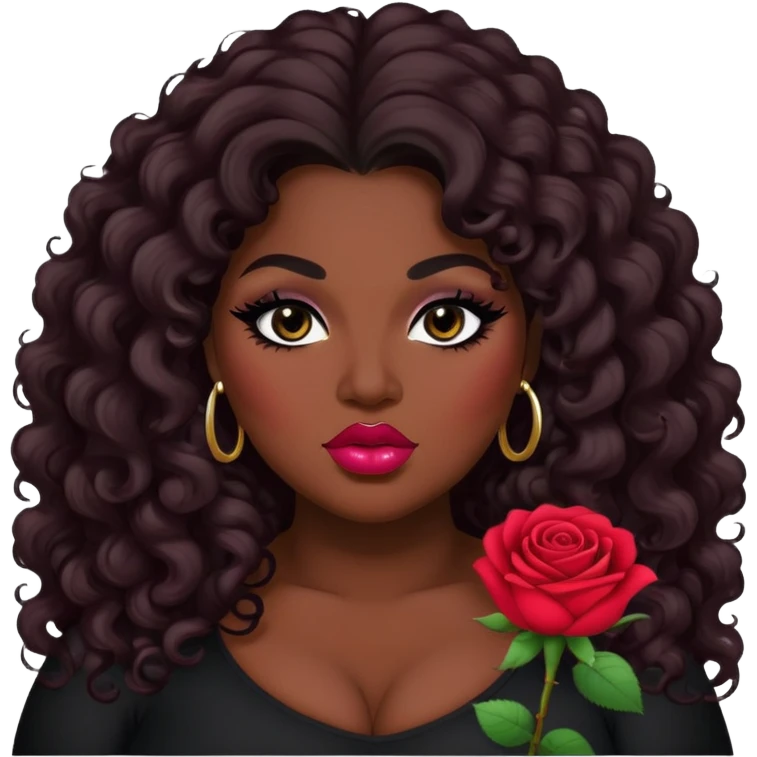 big plus size, dark skin, curly long hair, baddie,pretty rose lips, makeup, black eyeliner, long hair emoji