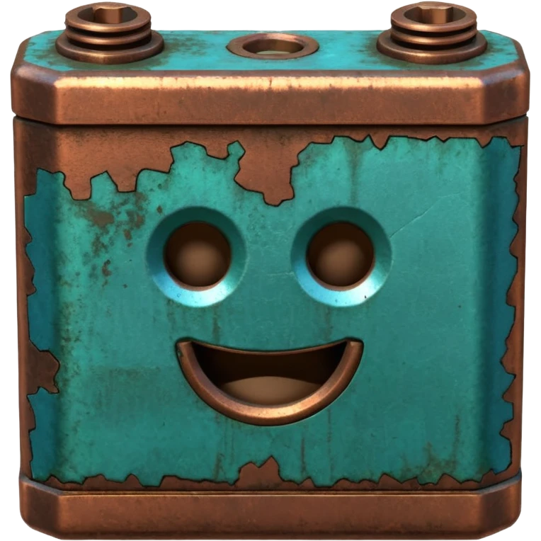 3D render of Battery Terminal, heavily oxidized copper texture, verdigris patina, Metal contact with blue/green powder corrosion, weathered bronze aesthetic, ancient decay, emoji style, isolated on white background --v 6.0. emoji