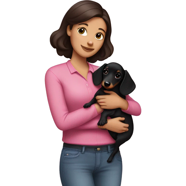a brunette woman in a pink shirt, with white skin, holding black dachshund puppy in her arms lovingly emoji