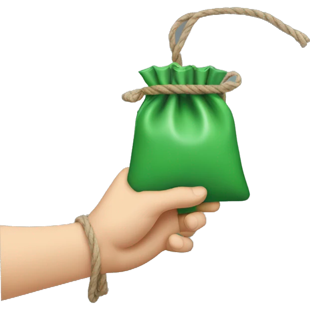 hand holding up a green pouch tied with brown string emoji