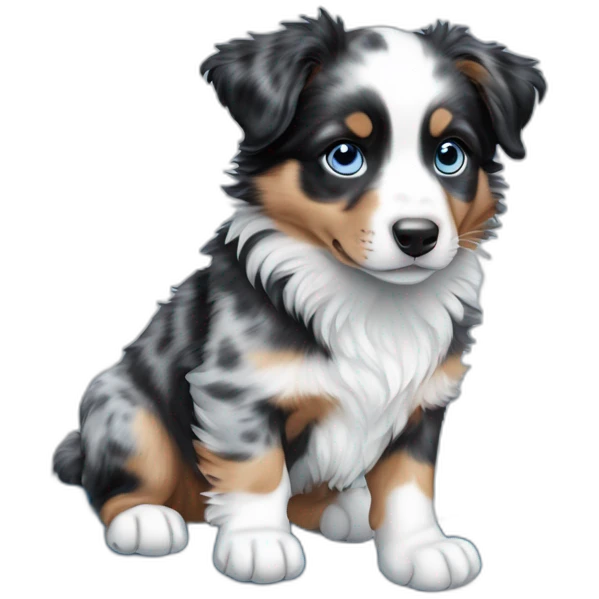 a 5 month old puppy, miniature American shepherd breed, blue merle color, with blue eyes, with a snowboard emoji