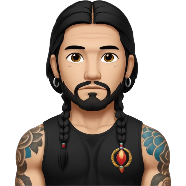 Native American/Spanish male.facial Hair on chin.
Untucked loose fitting black t-shirt. 
long black hair.
muscular.
Even More tattoos. 
Peaceful emoji