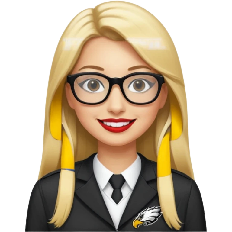 long blonde straight hair, black rectangle glasses, smiling, lipstick, full length eagles uniform, 33 emoji