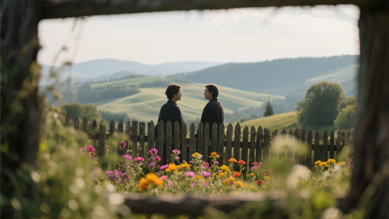 "Two shot" in the foreground, blurred plants in the foreground (frame within a frame), a wooden fence and colorfull flowers in the midground, Poland, rolling hills in the background, cinematic depth of field, layered composition, natural lighting emoji