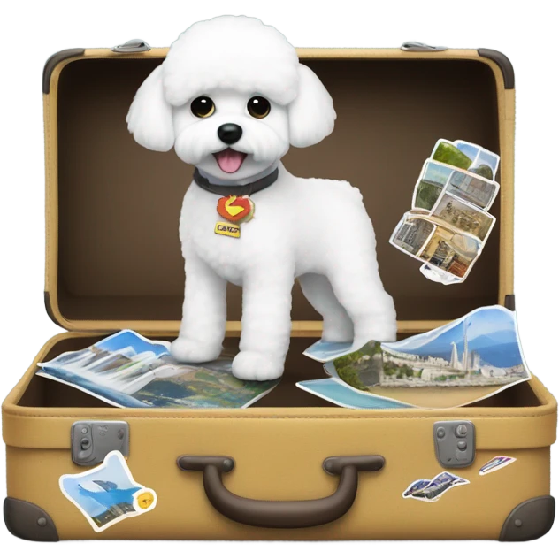 ABichon Frise standing next to a suitcase filled with iconic places stickers on the suitcase  emoji