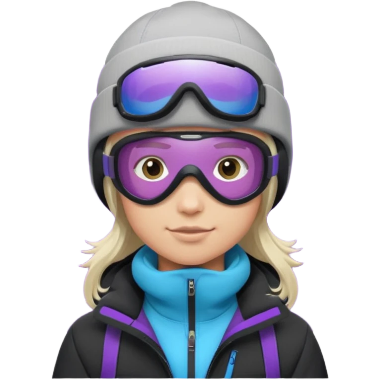 Pro Snowboarder with white and grey beanie, purple and blue frameless goggles on and a black jacket emoji