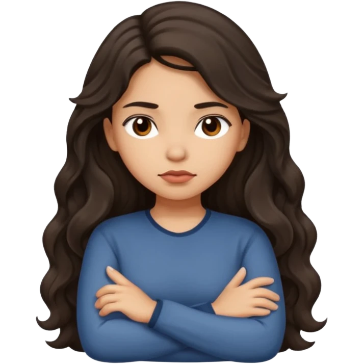Hispanic girl with long dark wavy hair crossing her arms and slightly pouting emoji