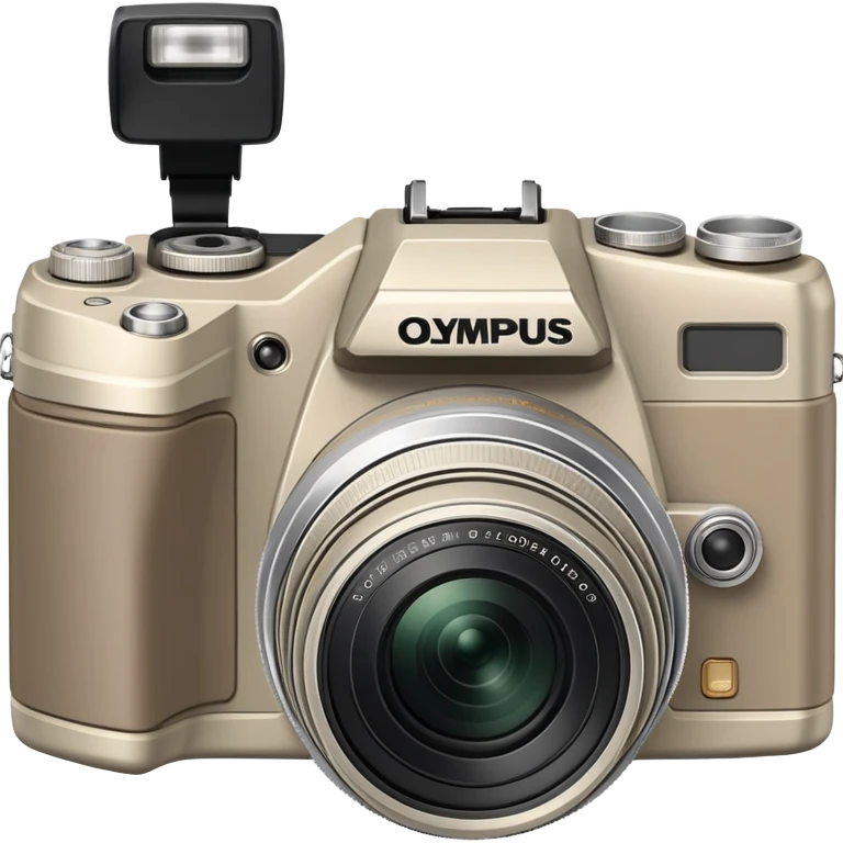 Extremely minimal Olympus Superzoom 70G camera from front view, grayish-beige color, simplified to basic geometric shapes, just hint of lens and minimal details emoji