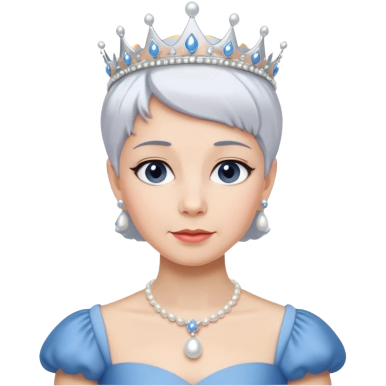 Queen with white short hair – silver tiara, pearl necklace, elegant gown, blue dress emoji