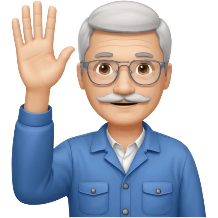 60 yr man with partially gray hair, mustache, light glasses, work clotheswaving hello emoji