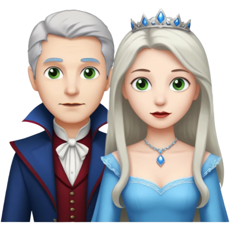 A vampire man with gray hair and blue eyes and a princess with light brown hair and green eyes emoji