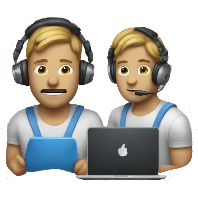 man in headphones talking hold laptop and phone only upper part of body  emoji