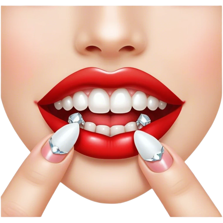 Glossy, bright red lips slightly parted. Inside, sparkling braces adorned with diamonds. A playful tongue touching the teeth. A long, elegant fingernail with a soft white shade. No face emoji