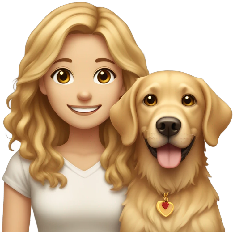 Smiling girl with long brown hair and a small shaggy golden Labrador dog with brown eyes emoji