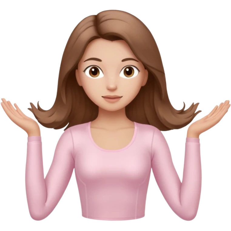 brown hair girl wearing light pink pilates clothes, silk beautiful medium hair and brown eyes emoji