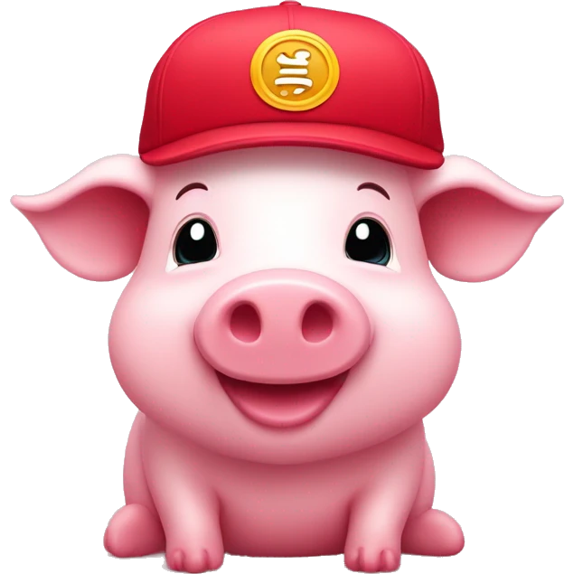 Un cerdito rosa con una gorra roja y feliz emoji