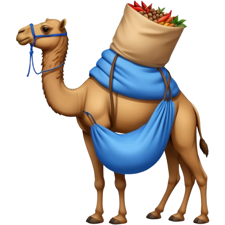 a camel with a blue sack with spices on his back emoji