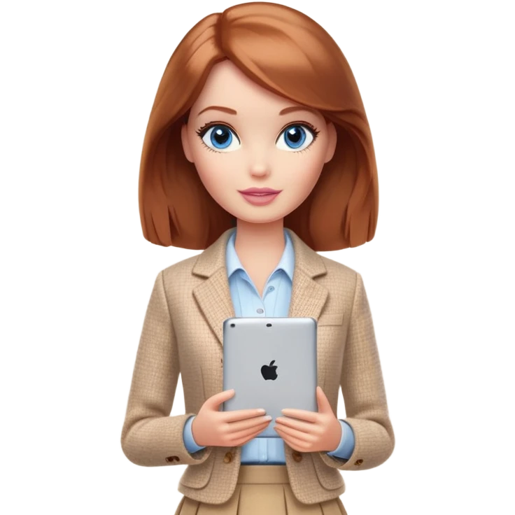 A Barbie girl with blue eyes, shoulder-length reddish-brown hair, made-up, wearing a beige tweed jacket and a beige skirt,  with a iPad emoji
